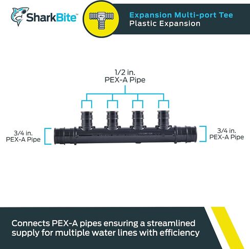 SharkBite 4 Port PEX Expansion Poly Tee, 3/4 Inch Closed Trunk with 1/2 Inch Outlet, Multi Line Water Manifold Plumbing Fittings for PEX-A Tubing, UAMPT4C in Kuwait