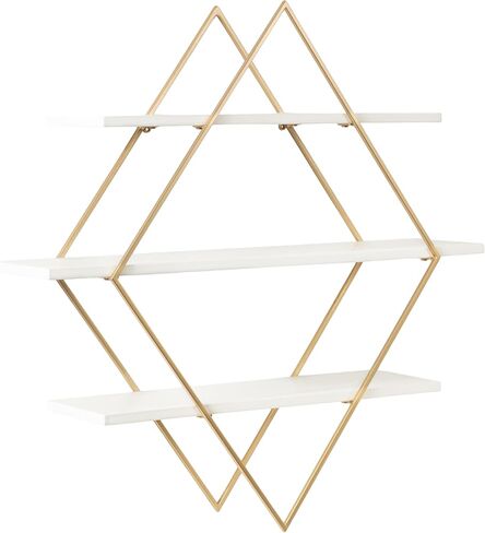 Kate and Laurel Daxton Modern Wood and Metal Diamond Wall Shelf, 31 x 8 x 31, White and Gold, Glam Geometric Wall Organization for Bathroom Storage or Living Room Display in Saudi Arabia