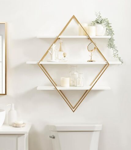 Kate and Laurel Daxton Modern Wood and Metal Diamond Wall Shelf, 31 x 8 x 31, White and Gold, Glam Geometric Wall Organization for Bathroom Storage or Living Room Display in Saudi Arabia