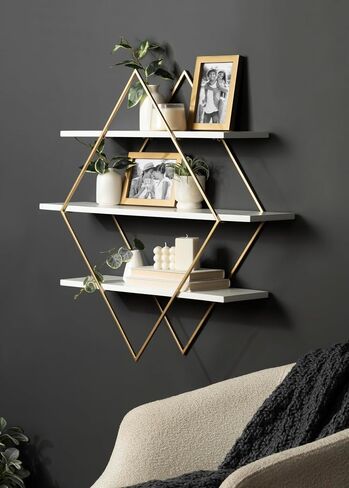 Kate and Laurel Daxton Modern Wood and Metal Diamond Wall Shelf, 31 x 8 x 31, White and Gold, Glam Geometric Wall Organization for Bathroom Storage or Living Room Display in Saudi Arabia