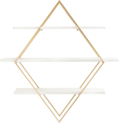 Kate and Laurel Daxton Modern Wood and Metal Diamond Wall Shelf, 31 x 8 x 31, White and Gold, Glam Geometric Wall Organization for Bathroom Storage or Living Room Display in Saudi Arabia