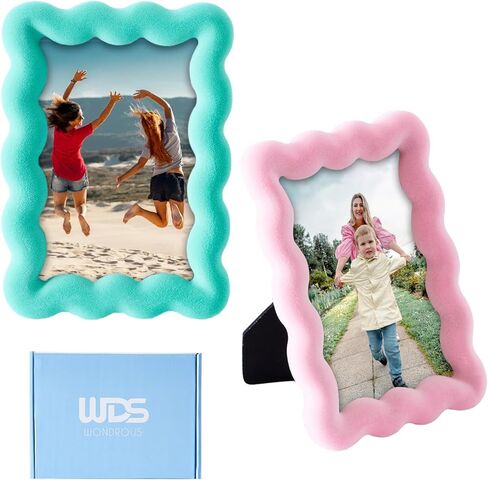 WDS WONDROUS 2 PCS 3x5 إطارات صور متموجة لسطح الطاولة، مجموعة إطار صور واقفة صغيرة باللونين الوردي والأخضر للبطاقات البريدية اللطيفة للأطفال، ديكورات زفاف للأصدقاء، معرض مكتب عرض غرفة المعيشة in Kuwait