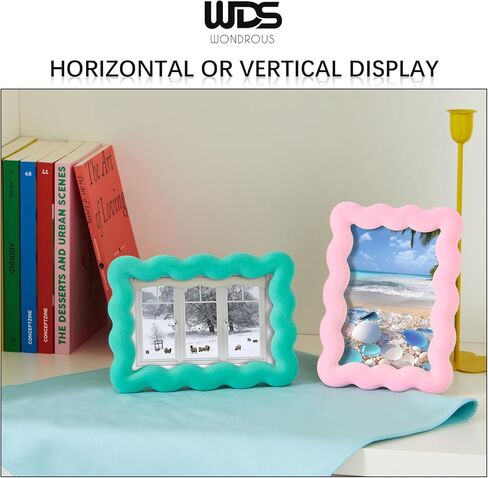 WDS WONDROUS 2 PCS 3x5 إطارات صور متموجة لسطح الطاولة، مجموعة إطار صور واقفة صغيرة باللونين الوردي والأخضر للبطاقات البريدية اللطيفة للأطفال، ديكورات زفاف للأصدقاء، معرض مكتب عرض غرفة المعيشة in Kuwait