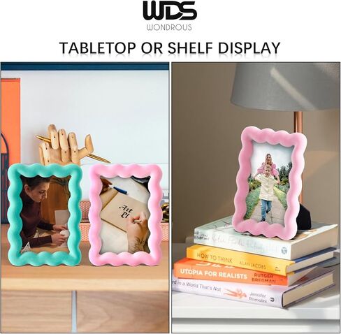 WDS WONDROUS 2 PCS 3x5 إطارات صور متموجة لسطح الطاولة، مجموعة إطار صور واقفة صغيرة باللونين الوردي والأخضر للبطاقات البريدية اللطيفة للأطفال، ديكورات زفاف للأصدقاء، معرض مكتب عرض غرفة المعيشة in Kuwait