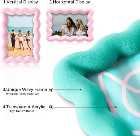 WDS WONDROUS 2 PCS 3x5 إطارات صور متموجة لسطح الطاولة، مجموعة إطار صور واقفة صغيرة باللونين الوردي والأخضر للبطاقات البريدية اللطيفة للأطفال، ديكورات زفاف للأصدقاء، معرض مكتب عرض غرفة المعيشة in Kuwait