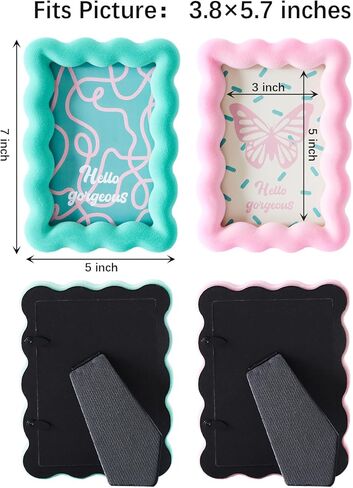 WDS WONDROUS 2 PCS 3x5 إطارات صور متموجة لسطح الطاولة، مجموعة إطار صور واقفة صغيرة باللونين الوردي والأخضر للبطاقات البريدية اللطيفة للأطفال، ديكورات زفاف للأصدقاء، معرض مكتب عرض غرفة المعيشة in Kuwait