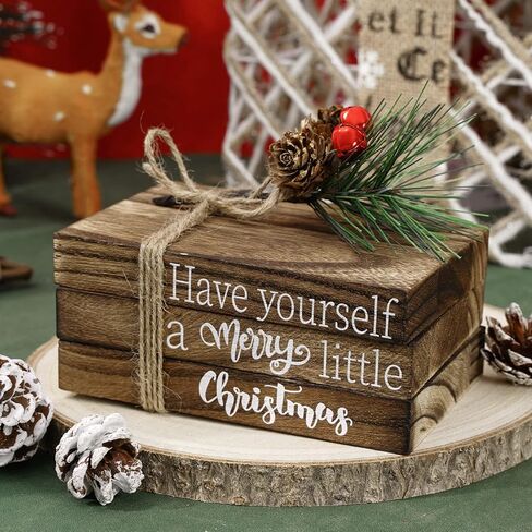 Whaline Christmas Wooden Tiered Tray Decor Merry Christmas Faux Decorative Stacked Books Bundle Wooden Block Sign with Berries for Xmas Farmhouse Rustic Decor Kitchen Home Table Decoration in Saudi Arabia
