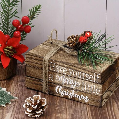 Whaline Christmas Wooden Tiered Tray Decor Merry Christmas Faux Decorative Stacked Books Bundle Wooden Block Sign with Berries for Xmas Farmhouse Rustic Decor Kitchen Home Table Decoration in Saudi Arabia