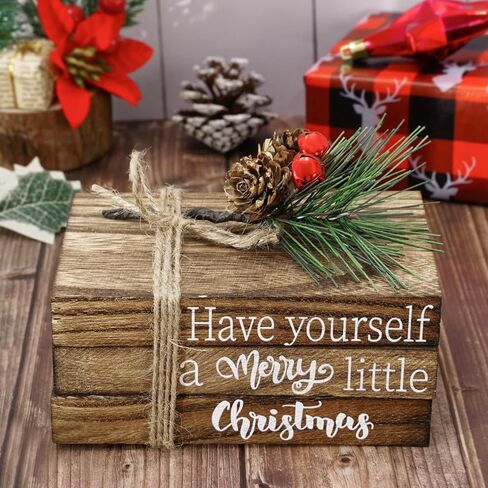 Whaline Christmas Wooden Tiered Tray Decor Merry Christmas Faux Decorative Stacked Books Bundle Wooden Block Sign with Berries for Xmas Farmhouse Rustic Decor Kitchen Home Table Decoration in Saudi Arabia