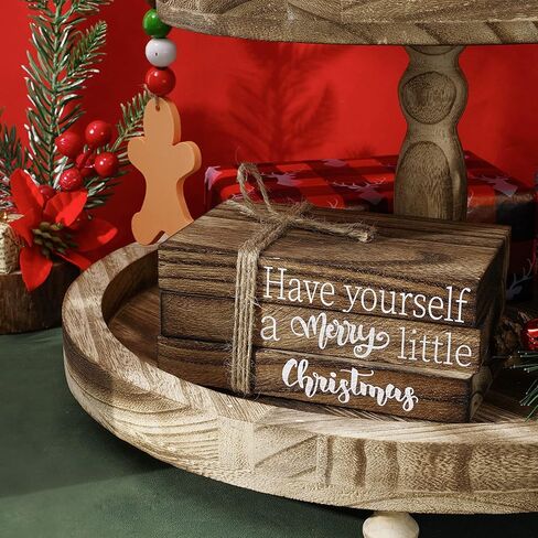 Whaline Christmas Wooden Tiered Tray Decor Merry Christmas Faux Decorative Stacked Books Bundle Wooden Block Sign with Berries for Xmas Farmhouse Rustic Decor Kitchen Home Table Decoration in Saudi Arabia