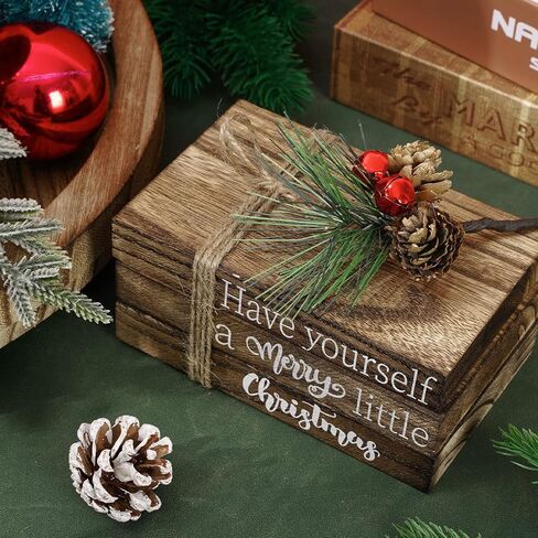 Whaline Christmas Wooden Tiered Tray Decor Merry Christmas Faux Decorative Stacked Books Bundle Wooden Block Sign with Berries for Xmas Farmhouse Rustic Decor Kitchen Home Table Decoration in Saudi Arabia