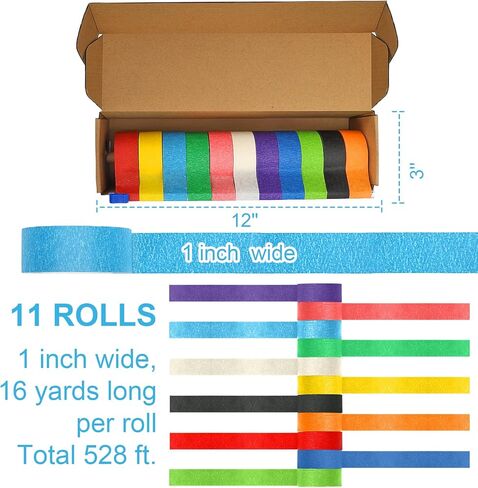 11 Pcs Colored 1 inch Wide Painter's Masking Tape 16 Yards Safe Tape Dispenser Bulk Colored Masking Tape Colored Tape Rolls Painting Accessories Rainbow Paper Tape for Art DIY Craft Box Label Teacher in Saudi Arabia