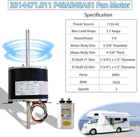 3314471.011 F48AE48A61 Fan Motor Compatible with Dometic Duo-Therm Penguin II 641815, 641816, 641835, 641915, 641916, 641935, Replace genteq F48AE48A61 Fan Motor, 1/4 HP, 115V, 1650RPM 3 Speed in Kuwait