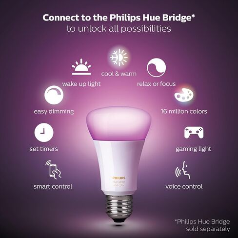 Philips Hue Single Premium A19 Smart Bulb, 16 million colors, for most lamps & overhead lights (Hue Hub Required, Works with Alexa), Old Version, White (464487) in Saudi Arabia