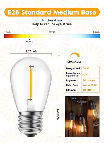 مصابيح الإضاءة البديلة من Brightown Shatterproof LED S14، E26 E27 مصابيح إديسون بقاعدة لولبية متوسطة تعادل 11 واط، مناسبة للأضواء التجارية في الفناء الخارجي والحديقة العتيقة، 15 حزمة، أبيض دافئ in Kuwait