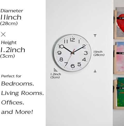 Mono 11'' Inch Silent Wall Clock, Contemporary Frameless Design, Non-Ticking Quartz Movement, Crisp White Dial with Bold Numerals, Ideal for Home and Office Elegance, Easy Wall Mounting in Saudi Arabia