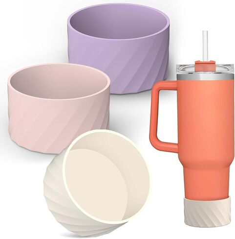 AIERSA 3Pcs Silicone Boot Sleeve for Stanley Quencher 40oz 30oz Tumbler with Handle,for IceFlow 20oz 30oz,Protective Water Bottle Bottom Bumper Cover for Stanley Cup Accessories,Cream,Rose Pink,Purple in Saudi Arabia