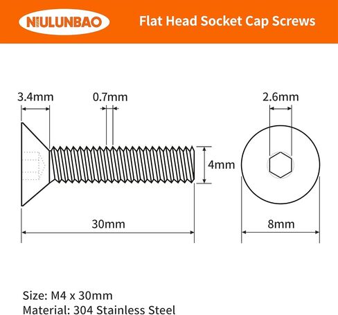 M4-0.7 x 25mm Flat Head Hex Socket Cap Screws Countersunk Bolts, 304 Stainless Steel, Allen Socket Drive, Bright Finish, Metric Machine Fully Threaded, 50PCS in Kuwait