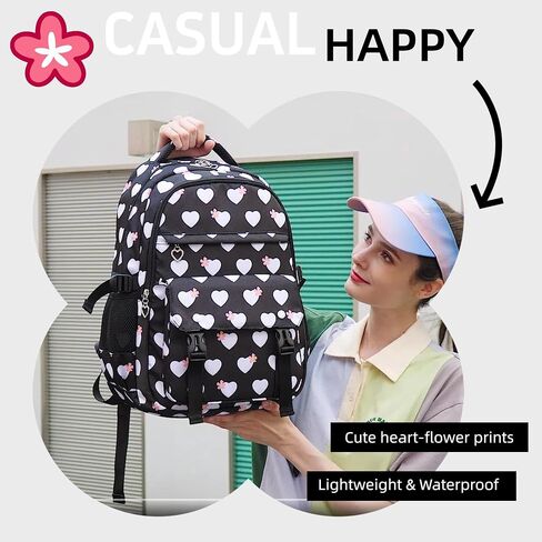 MITOWERMI Kids Girls Backpack and Lunch Box, Cute Flowers School Backpack for Girls, Elementary Middle School Bags Bookbag with Lunch Bag, Black in Saudi Arabia