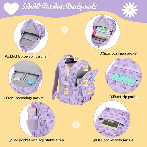 MITOWERMI Kids Girls Backpack and Lunch Box, Cute Flowers School Backpack for Girls, Elementary Middle School Bags Bookbag with Lunch Bag, Black in Saudi Arabia