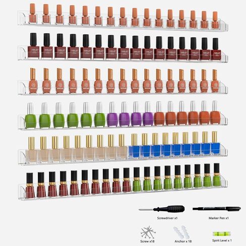 30 Inch Clear Nail Polish Wall Rack with Removable End Caps Set of 6, Acrylic Nail Polish Organizer Wall Mounted,Nail Polish Sorage Shelves for 192 Bottles (30 Inch) in Saudi Arabia