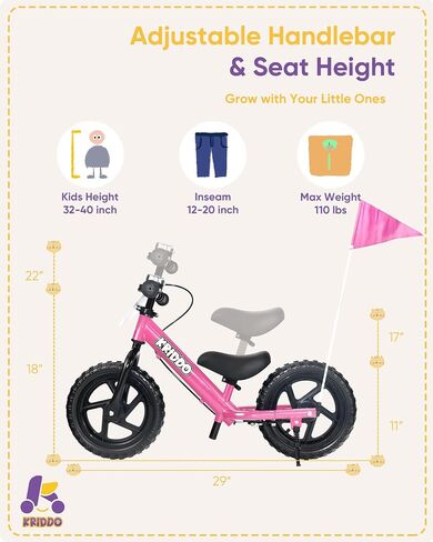 KRIDDO Pro Toddler Balance Bike 2+ Year Old with Hand Brake and Kickstand in Kuwait