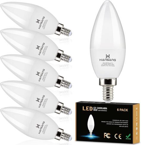 hansang E12 Candelabra LED Light Bulbs 6000K Cool Daylight White, Small Base Type B Light Bulb for Chandelier, 6W 60Watt Equivalent, B11 Ceiling Fan Light Bulbs, 600 Lumen, Non-dimmable, 6 Pack in Saudi Arabia