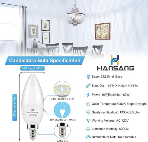 hansang E12 Candelabra LED Light Bulbs 6000K Cool Daylight White, Small Base Type B Light Bulb for Chandelier, 6W 60Watt Equivalent, B11 Ceiling Fan Light Bulbs, 600 Lumen, Non-dimmable, 6 Pack in Saudi Arabia