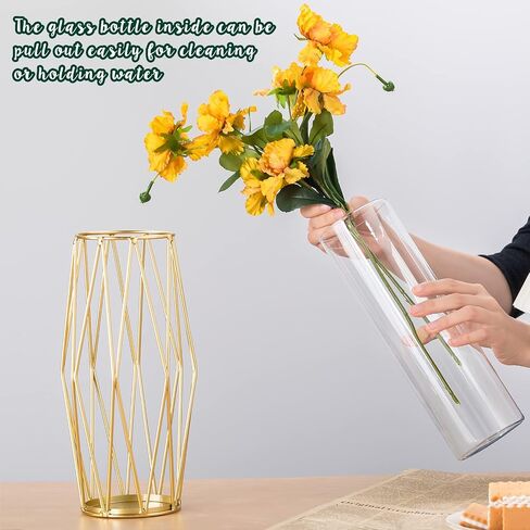 yahenda 4 قطع مزهرية ذهبية مزهرية زجاجية مع حامل معدني ديكور معدني هندسي حديث 11 × 3.8 بوصة مزهريات حديثة كبيرة للزهور مثل غرفة المعيشة والزفاف والمكتب المنزلي in Saudi Arabia