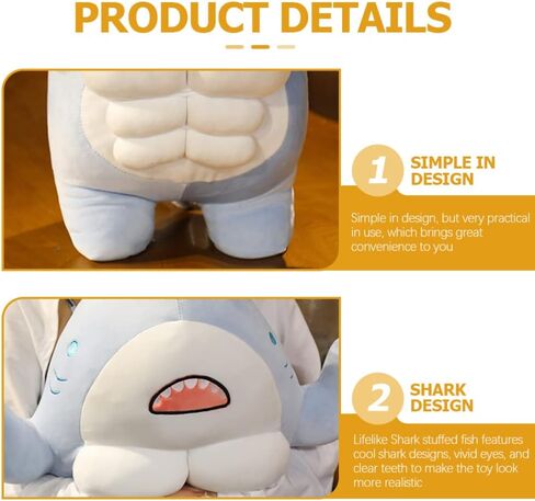 Toddmomy 1PCS Cute 3D Muscle Shark Plush Toy,Soft Stuffed Shark Animal Dolls Kawaii Shark Hugging Pillow for Kids Xmas Birthday,45cm in Saudi Arabia