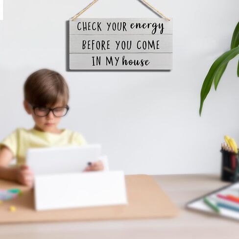 Funny Welcome Wooden Hanging Wall Art,Check Your Energy Wall Art Hanging Sign,House Warming Gift,11.8x5.9 Inch in Kuwait