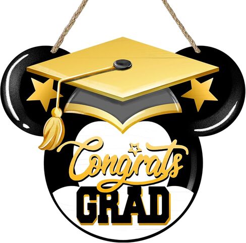 فئة deroro من 2024 Congrats Grad Cartoon Mouse علامة الباب الأمامي، قبعة التخرج الذهبية، شماعة الباب الخشبية في الهواء الطلق ديكور الشرفة الخارجية، إكليل خشبي داخلي للتعليق على الحائط لطلاب الكلية in Kuwait