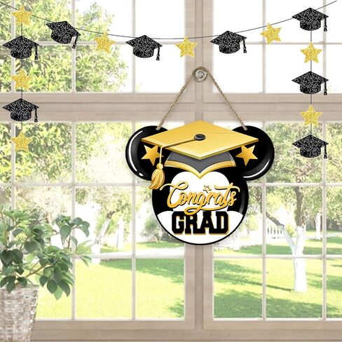 فئة deroro من 2024 Congrats Grad Cartoon Mouse علامة الباب الأمامي، قبعة التخرج الذهبية، شماعة الباب الخشبية في الهواء الطلق ديكور الشرفة الخارجية، إكليل خشبي داخلي للتعليق على الحائط لطلاب الكلية in Kuwait