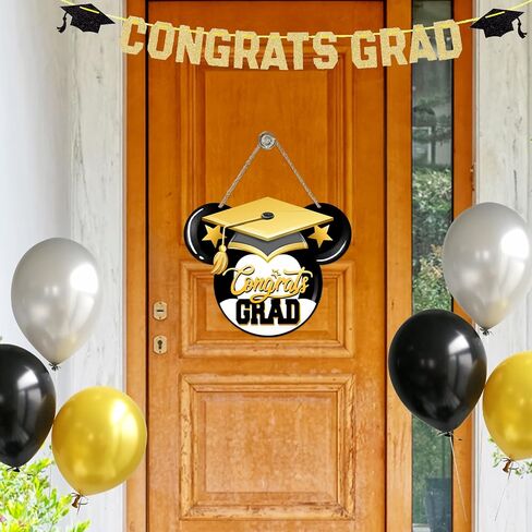 فئة deroro من 2024 Congrats Grad Cartoon Mouse علامة الباب الأمامي، قبعة التخرج الذهبية، شماعة الباب الخشبية في الهواء الطلق ديكور الشرفة الخارجية، إكليل خشبي داخلي للتعليق على الحائط لطلاب الكلية in Kuwait
