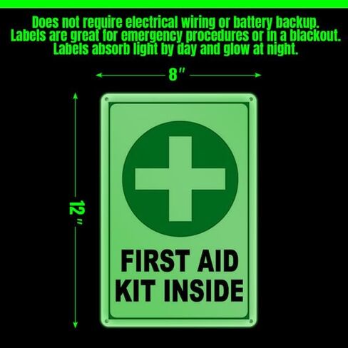 Glow In The Dark First Aid Sign 8 x 12 Inches - Sturdy Acrylic Glow Signs - For 50 Feet Visibility in Saudi Arabia
