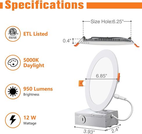 Recessed Lighting 6 Inch, Canless LED Recessed Light Fixtures with Junction Box, 12W (100W Eqv), 950LM, 5000K Daylight, Dimmable LED Downlight and Ceiling Lights LED, ETL Listed, 12-Pack in Saudi Arabia