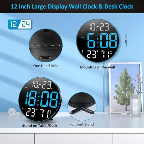 Digital Wall Clock Large Display,12" Digital Clock with Remote Control,Calendar, Adjustable Dimming, Temperature, 12/24 H, Wall Clock for Living Room Office Garage Gym Classroom in Saudi Arabia
