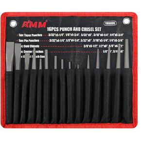 AMM 16PCS Punch and Chisel Set, including Taper Punch, Cold Chisels, Pin Punch and Center Punch, Cr-V, ideal for Working with Wood, Metal, Automotive