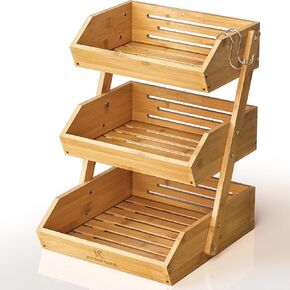 Bamboo Fruit Basket 3-Tier - Premium Produce Basket for Kitchen w/ 2 Hangers - Durable & Easy to Assemble Fruit Stand for Countertop - Perfect Fruit Holder for Vegetables, Bread & Snacks