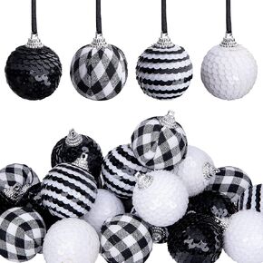 24 PCS Buffalo Plaid Christmas Ball Ornaments - 1.6 Inch Black and White Sequin Decor for Xmas Tree and Fall Party