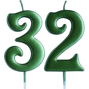 Green 32nd Birthday Candle, Number 32 Years Old Candles Cake Topper, Woman Or Man Party Decorations, Supplies