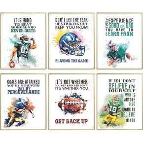Positive Quotes Football Wall Decor, Football Room Decor For Kids Teenagers, Inspirational Motivational Football Poster Decor For Boys Men Room Bedroom, Sports Wall Art Print Set Of 6 (8x10 in)