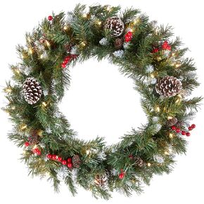 National Tree Company Pre-Lit Artificial Christmas Wreath, Green, Frosted Berry, White Lights, Decorated with Pine Cones, Berry Clusters, Frosted Branches, Christmas Collection, 24 Inches