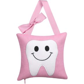 Linen Tooth Pillow,Tooth Fairy Pillow with Pocket Door Hanger Birthday Gift for Kids Tooth Fairy Souvenir for Boys and Girls Tooth Fairy Gift (Pink)