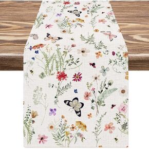 AnyDesign Wildflower Table Runner Spring Watercolor Floral Kitchen Dining Table Decor Flower Butterfly Table Cover for Wedding Indoor Outdoor, 13 x 72 Inch, AD4179