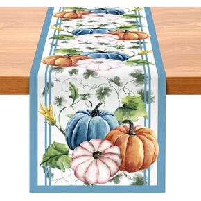 Preboun Blue Fall Table Runner Pumpkin Thanksgiving Table Decor 13 x 72 Inches Cushaw Stem Watercolor Thanksgiving Autumn Harvest Linen Table Setting Decorative Home Festival Party Kitchen Dining Room