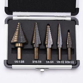 Titanium Step Bits, Unibit Set(SAE), Step Drill Bit Set for Metal, Professional Unibit Drill Bit，Unibit Step Drill Bits, Industrial Unibit HSS 5PCS Titanium Unibit Drill Bits Set with Aluminum Case
