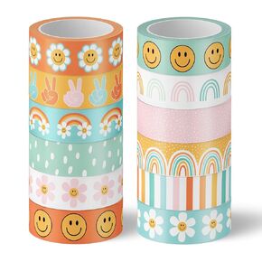 AnyDesign 12 Rolls Retro Boho Washi Tapes Vintage Rainbow Sun Raindrop Washi Masking Tapes Doodle Hand-Drawn Decorative Adhesive Tapes for Scrapbook Journal DIY Art Craft Gift Wrapping, 16.4Ft
