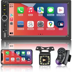 Wireless 7 inch Double Din Car Stereo with Apple Carplay,Car Bluetooth FM Car Radio,Backup Camera for Car,HD 1024 * 600 Touch Screen,Mirror Lin,Fit You Car,Build-in Mic/USB/AUX/Android Auto/SWC/