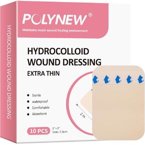 2" x 3"-10 Pack Extra Thin Hydrocolloid Dressing for Light Exudate, Hydrocolloid Patches Waterproof Wound Dressing, Adhesive Hydrocolloid Bandages, for Pressure Ulcer, Bed Sore